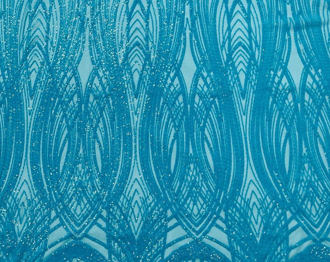 Turquoise Iridescent Sequins Fabric | 4 Way Stretch Fancy Big Damask Design Sequins on Spandex Mesh Prom Gala Gown Fabric By The Yard