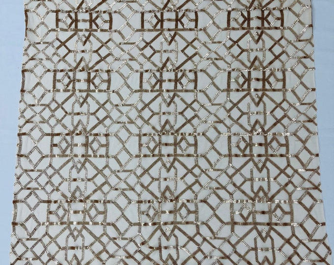 Matte Champagne Sequin 4 Way Stretch Geometric Elena Design Embroidered Shiny Sequins Fabric for Prom Gala Gown Sold By Yard