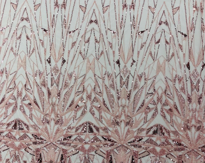 Blush Pink Beaded Fabric By Yard, Luxury Geometric Design Beads and Sequins, Beaded Fabric Embroidered on a Mesh Lace,Wedding,Bridal,Dress