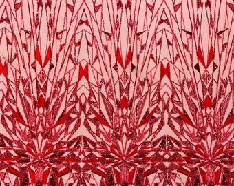 Red Beaded Fabric By The Yard, Luxury Geometric Design Beads and Sequins, Beaded Fabric Embroidered on a Mesh Lace,Wedding,Bridal,Dress