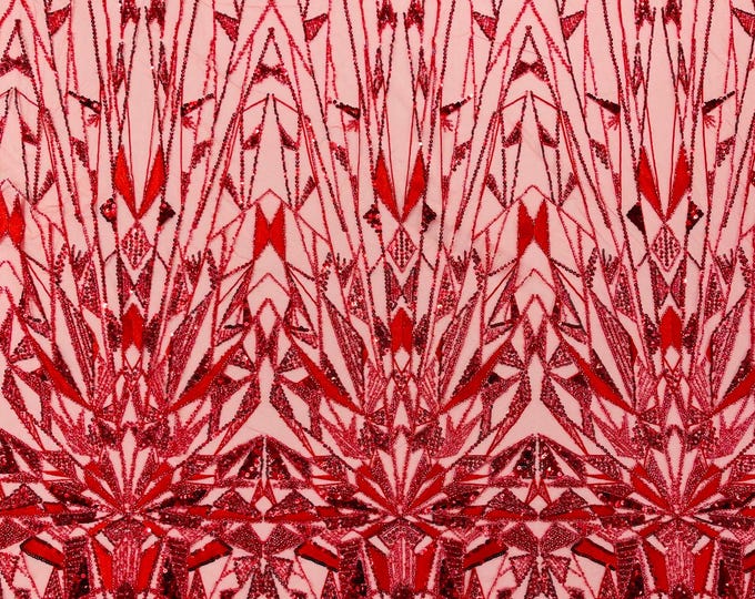 Red Beaded Fabric By The Yard, Luxury Geometric Design Beads and Sequins, Beaded Fabric Embroidered on a Mesh Lace,Wedding,Bridal,Dress