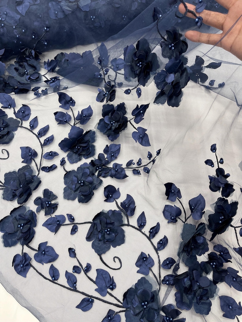 Navy Blue 3D Floral Lace Fabric With Pearls: Orquidia Design - Etsy