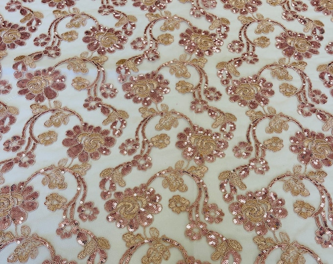 Mia Fabrics, Rose Mesh Embroidery Corded Lace With Sequins, Flower Lace Sequin Sold by the yard (Pick a Size)