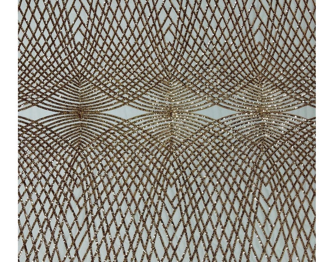 Rose Gold Sequins Fabric  - Blush Mesh 2Way Stretch Geometric Diamond Design on Mesh Fabric for Prom Gala Gown By The Yard