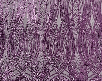 Plum Sequins Fabric | 4 Way Stretch Fancy Big Damask Design Sequins on Spandex Mesh Prom Gala Gown Fabric By The Yard