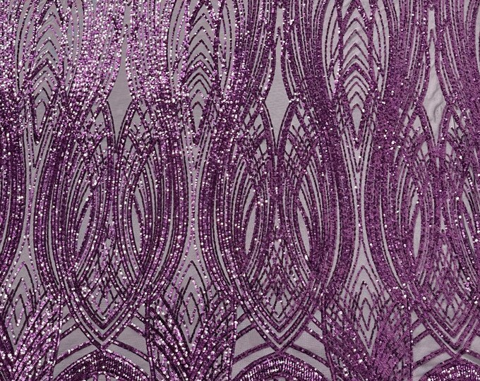 Plum Sequins Fabric | 4 Way Stretch Fancy Big Damask Design Sequins on Spandex Mesh Prom Gala Gown Fabric By The Yard