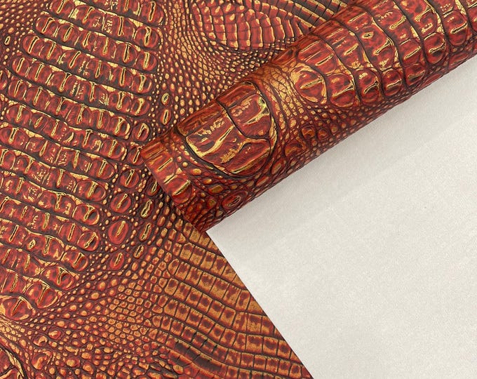 Red Gold Metallic Caiman Gator Vinyl - Upholstery Faux Leather Vinyl Fabric by the Yard, Embossed Gator Caiman Fabric Upholstery