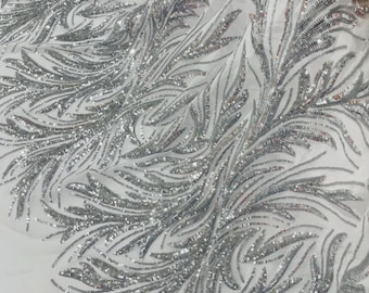 Silver Sequin Fabric: 4-Way Stretch Lace Mesh, Prom Gown Material