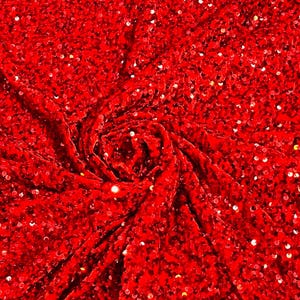 Tecido de veludo elástico com lantejoulas vermelhas - lantejoulas de 5 mm, elástico bidirecional - por metro