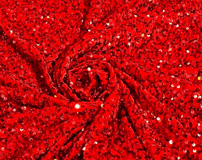 Red Sequin Fabric on Stretch Velvet - by the yard - all Over 5mm Sequins Velvet 2-way Stretch 58/60”