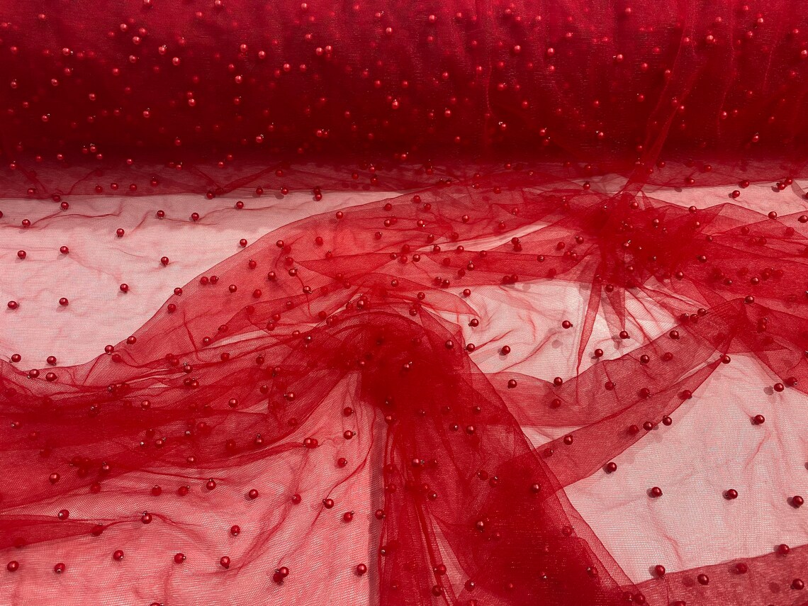 Red Beaded Pearl Mesh Lace Fabric Bridal Veil Lace Wedding Etsy