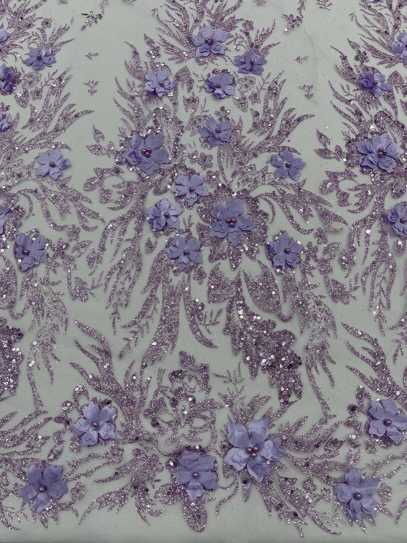 Lilac Glitter Floral Mesh, Glitter 3D Flower Sequin Fabric, Wedding ...