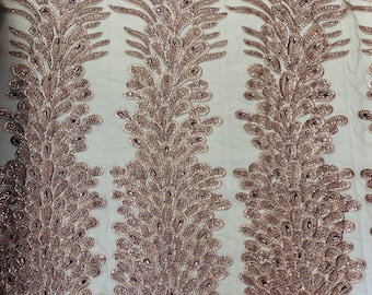 Rose Gold Beaded Peacock Feathers 3D Vegas Design with Embroidered Sequins and Beads On Mesh Lace Fabric for Prom Dress (Choose The Panels)