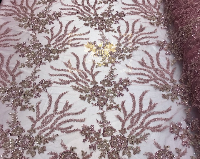 Dusty Rose Hand Beaded Lace, Embroidered Floral Design Fancy Sequins Fabric with Beads Sold in Many Colors By The Yard