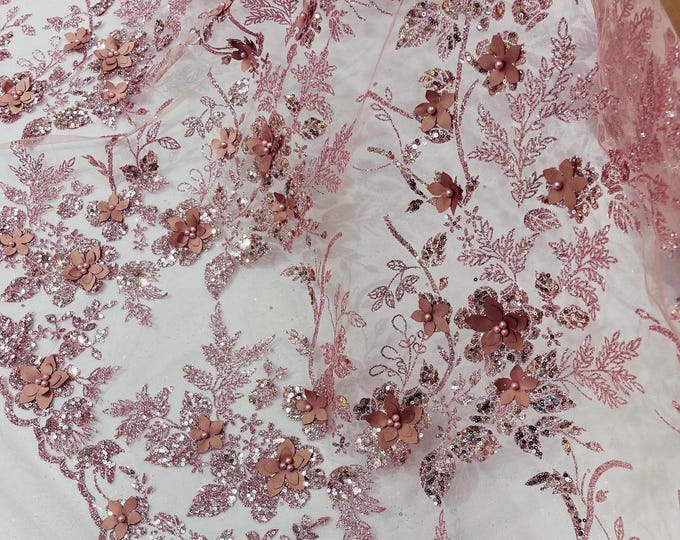 Dusty Rose 3D Flower Sequin Fabric, Glitter Floral Tulle Lace, Wedding Dress, Quinceañera