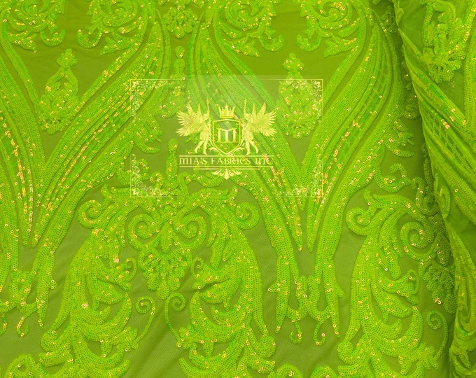 Lime Green Sequin  - 4 Way Stretch Fancy Big Damask Design Sequins on Spandex Mesh Prom Gala Gown Fabric By The Yard
