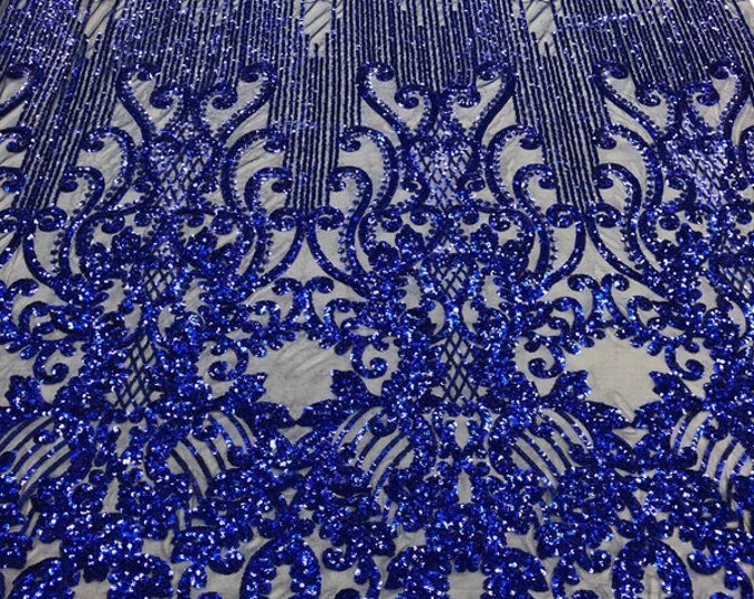 Royal Blue Sequin Lace Fabric: Embroidered Damask Mesh, 4-Way Stretch