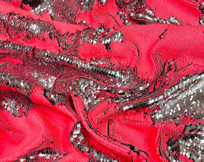 Matte Hot Pink/Silver Sequins Fabric: 2-Way Stretch Flip-Up Reversible Sequin