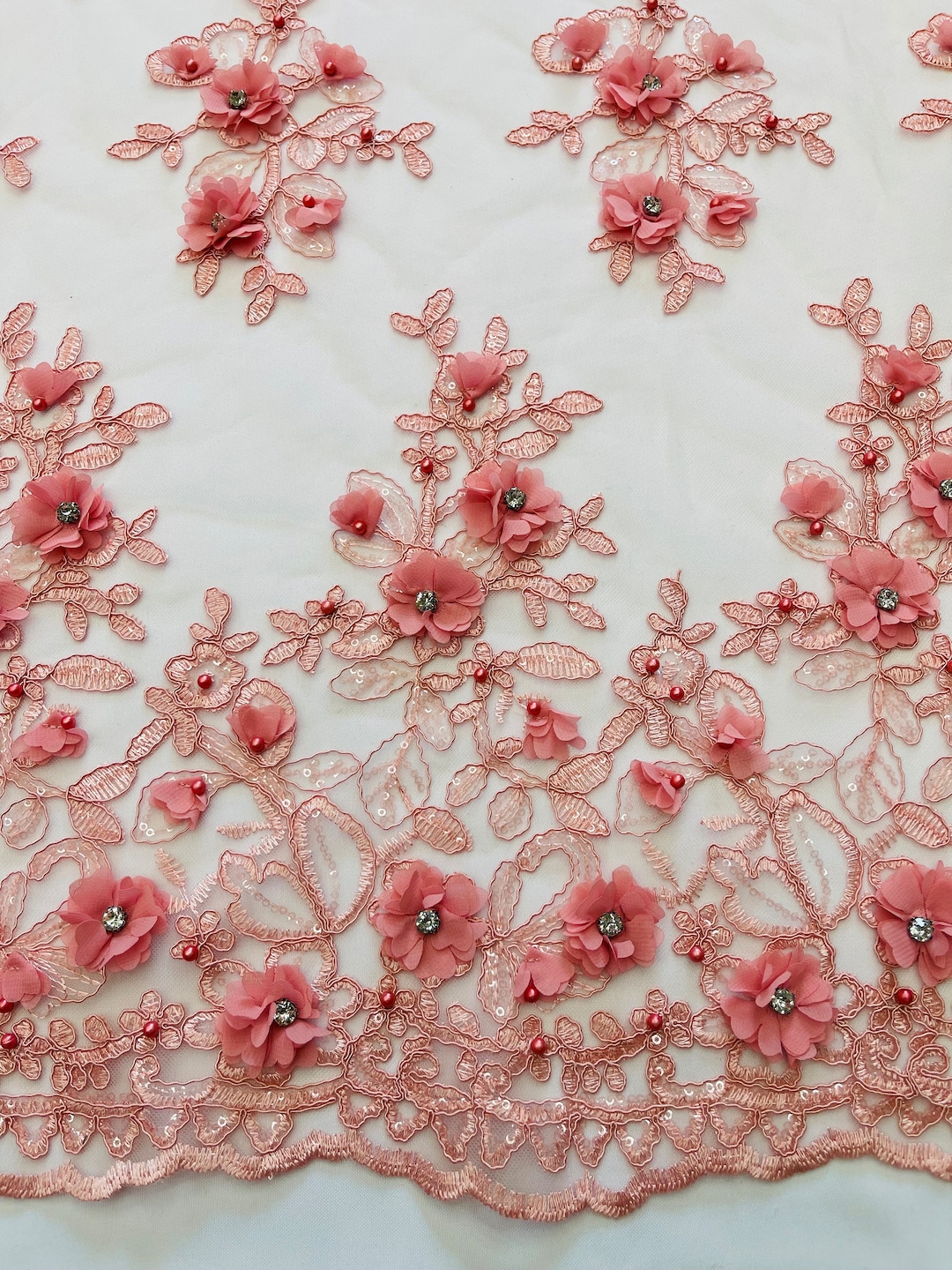 Feather Design Heavy Beaded Embroidery On a Mesh Fabric-Sold By The Panel- Dusty Rose main image 1