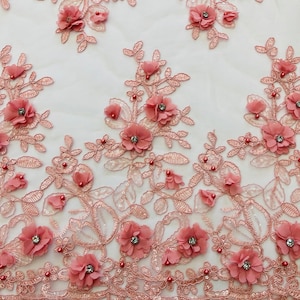 3D Floral Design Embroider with Pearls in a Mesh Lace-Sold by The Yard Dusty Rose