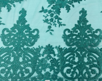 Teal Damask Embroidered Mesh Lace Fabric, Floral Bridal Wedding Dress, By The Yard