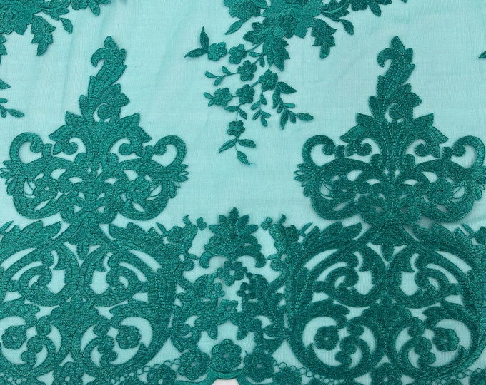 TEAL Damask Design Embroidered on Mesh Lace Fabric, Floral Bridal Lace Wedding Dress by the Yard (Pick a Size)