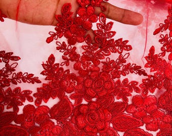 Red 3D Flower Embroidery Lace Fabric By The Yard, Corded 3D Flower Embroidery Lace Fabric on a Mesh Lace Fabric For Wedding-Bridal-Dress