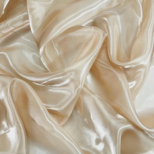 Peut inclure: Gros plan sur un tissu fluide et chatoyant de couleur beige crème. Le matériau a une qualité soyeuse et translucide avec des reflets et des ombres subtils, créant une sensation de profondeur et de mouvement. Le tissu est probablement utilisé pour l'habillement ou la décoration.