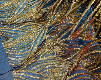 Gold Sequins Fabric: 4-Way Stretch Embroidered Damask Lace