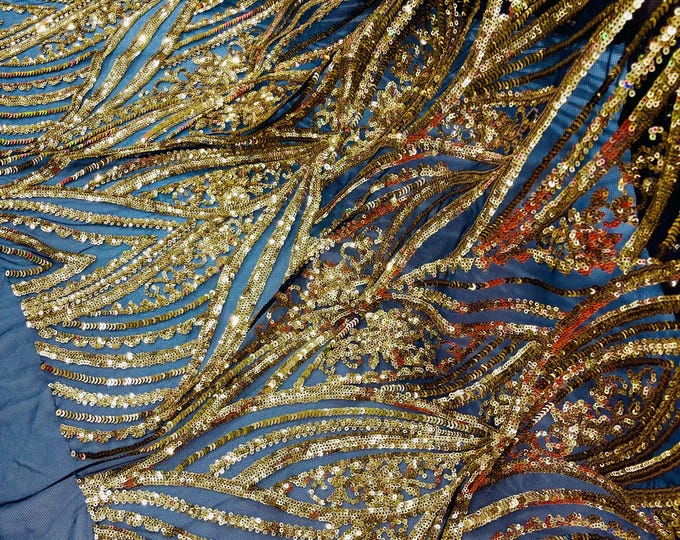Gold Sequins Fabric 4 Way Stretch on Black Mesh | Embroidered Damask Design With Sequin Lace Prom-Gown by the yard
