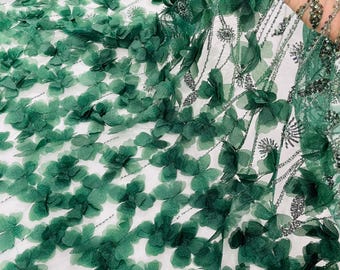 Hunter Green Beaded Fabric 3D Floral Butterfly Fabric By The Yard, Luxury 3D Butterfly Design Beads and Sequins Embroidered on a Mesh Lace