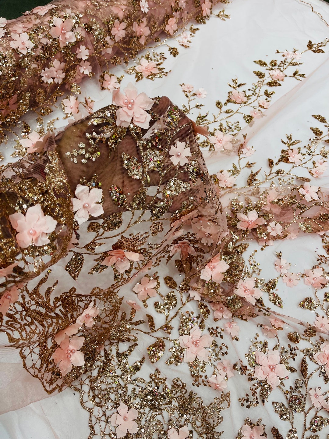 Rose Gold 3D Flower Glitter Sequin Fabric by the Yard, 3D Floral ...
