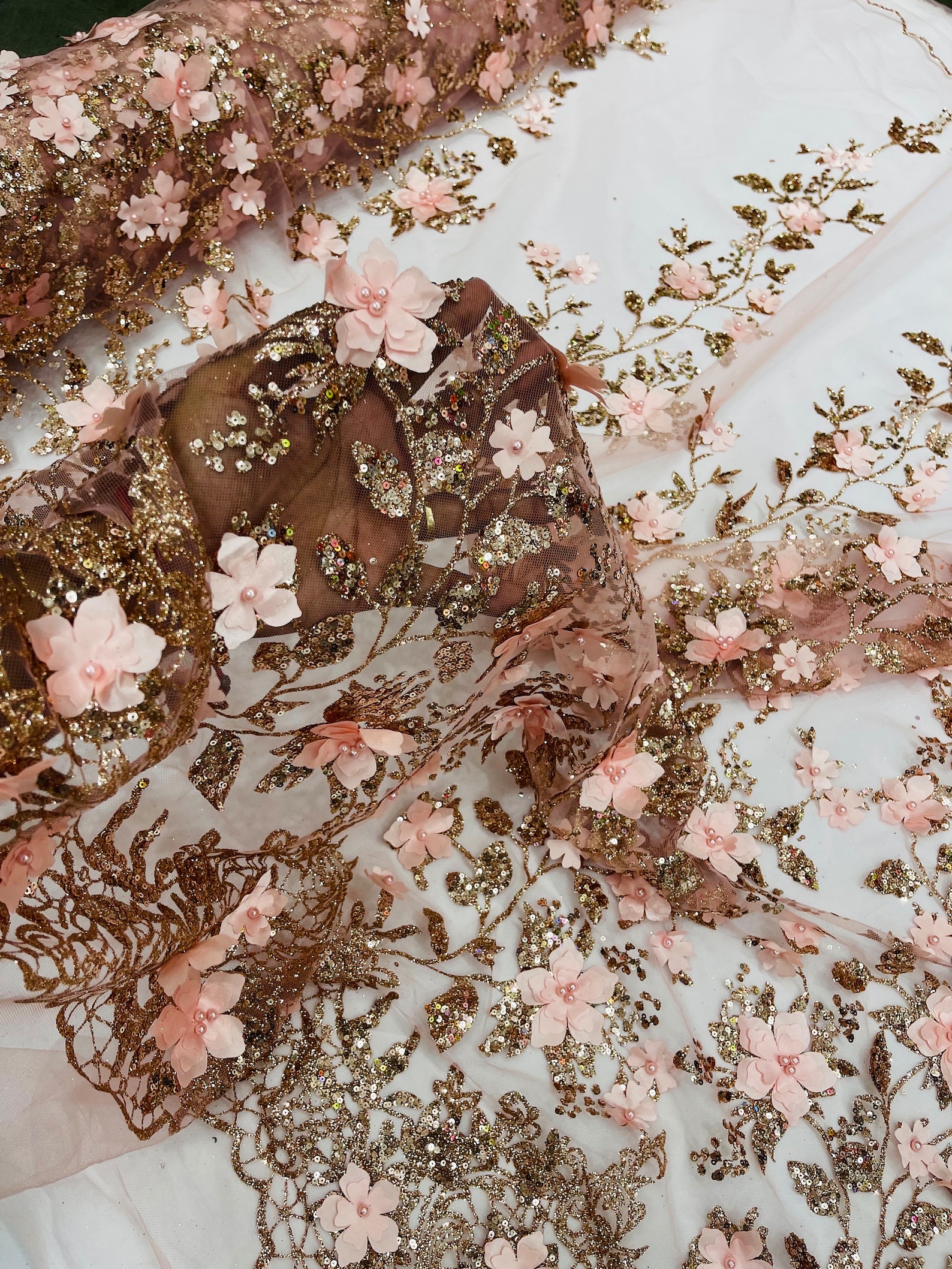 Rose Gold 3D Flower Glitter Sequin Fabric by the Yard, 3D Floral ...