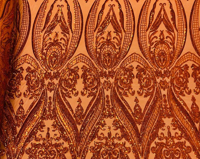 Burnt Orange  - 4 Way Stretch Fancy Big Damask Design Sequins on Spandex Mesh Prom Gala Gown Fabric By The Yard