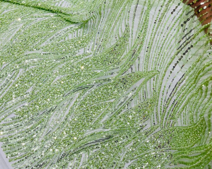 Sage Beaded Lace Fabric: Embroidered Mesh, Bridal Wedding Dress - Sold By The Yard