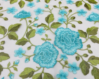 Turquoise Floral Embroidered Lace Fabric, Bridal Wedding Dress Lace, By The Yard
