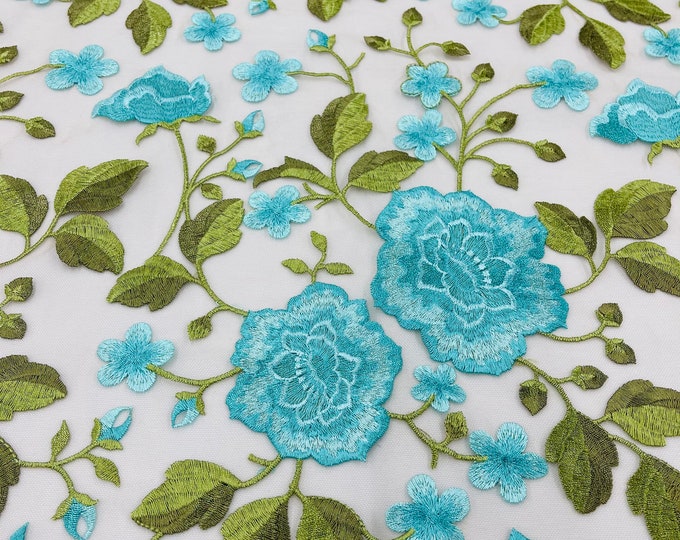 Turquoise Floral and Leaves Embroidery on a Mesh Lace Fabric , Floral Bridal Lace Wedding Dress by the Yard (Pick a Size)