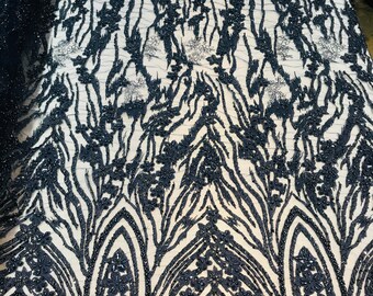 Beaded Fabric - Navy - Embroidered Flower Line Mesh Lace Fabric with Beads Sold By The Yard