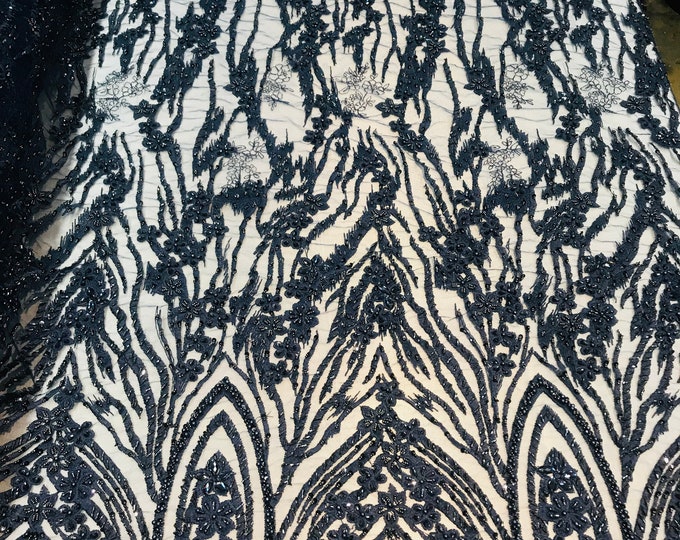 Beaded Fabric - Navy - Embroidered Flower Line Mesh Lace Fabric with Beads Sold By The Yard