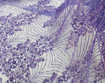 Lilac Beaded Fabric By The Yard, Luxury Geometric Design Beads and Sequins, Beaded Fabric Embroidered on a Mesh Lace,Wedding,Bridal,Dres