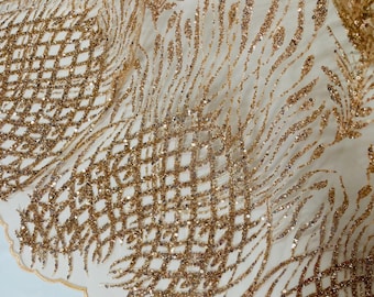 Rose Gold Beaded Damask Fabric - Bridal Sequin Appliqué Lace