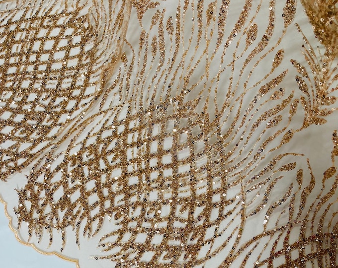 Rose Gold Beaded Fabric by the yard, Bridal Heavy beaded, Damask Pattern With Beads and Sequin, Appliqué lace bridals,weddings,prom dress.