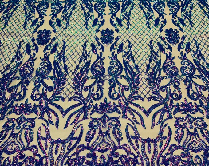Iridescent Lavender Sequins On Nude Spandex Mesh 4way Stretch Luxury Damask Design Embroidered Sequin By Yard-Prom-Gown (Pick a Size)