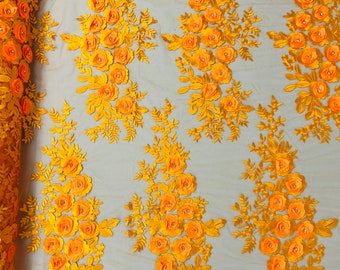 Orange 3D Floral Lace Fabric by the yard, Flower Design Embroider With Rhinestones On a Mesh, Prom-Dresses-Nightgown-Apparel-Fashion