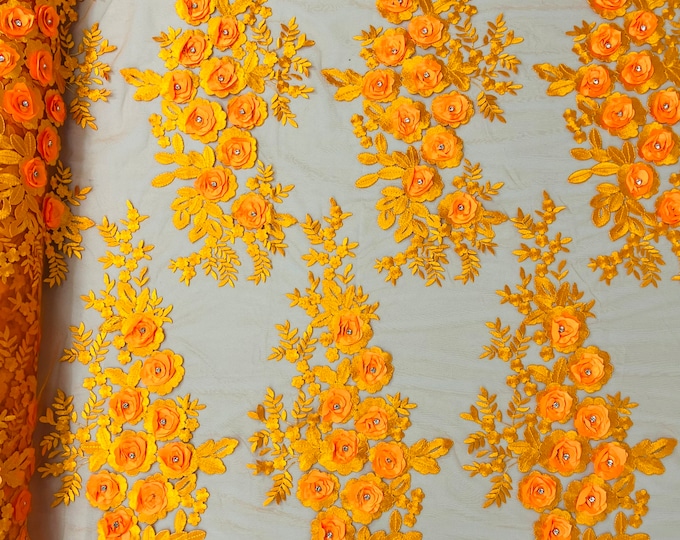 Orange 3D Floral Lace Fabric by the yard, Flower Design Embroider With Rhinestones On a Mesh, Prom-Dresses-Nightgown-Apparel-Fashion