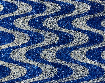 Stretch Velvet Sequins - Royal Blue / Silver Sequin on Stretch Velvet Fabric - Wavy Line Design with 5mm Sequins By Yard