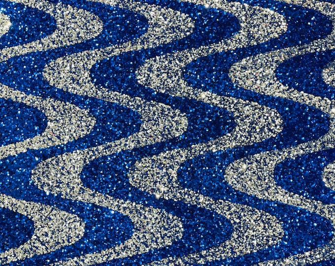 Stretch Velvet Sequins - Royal Blue / Silver Sequin on Stretch Velvet Fabric - Wavy Line Design with 5mm Sequins By Yard