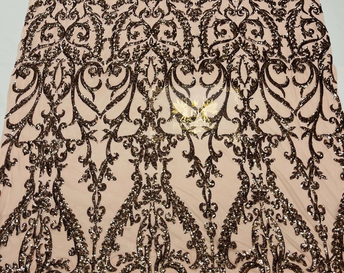 Dusty Rose Sequins Lace Fabric On Mesh, Damsk Design Embroidered 4way Stretch Sequin By The Yard -Prom-Gown ( Choose The Size )