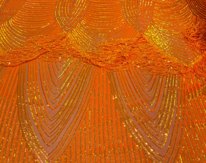 Orange Iridescent Fringe Sequins on Power Mesh, Fringe Design Embroidered on 4 Way Stretch Fancy Sequin ( Choose The Size )