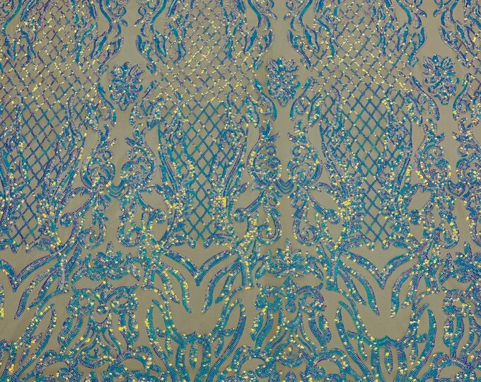 Iridescent Aqua Sequins Lace Fabric Nude Spandex Mesh 4way Stretch Luxury Damask Design Embroidered Sequin By Yard-Prom-Gown (Pick a Size)